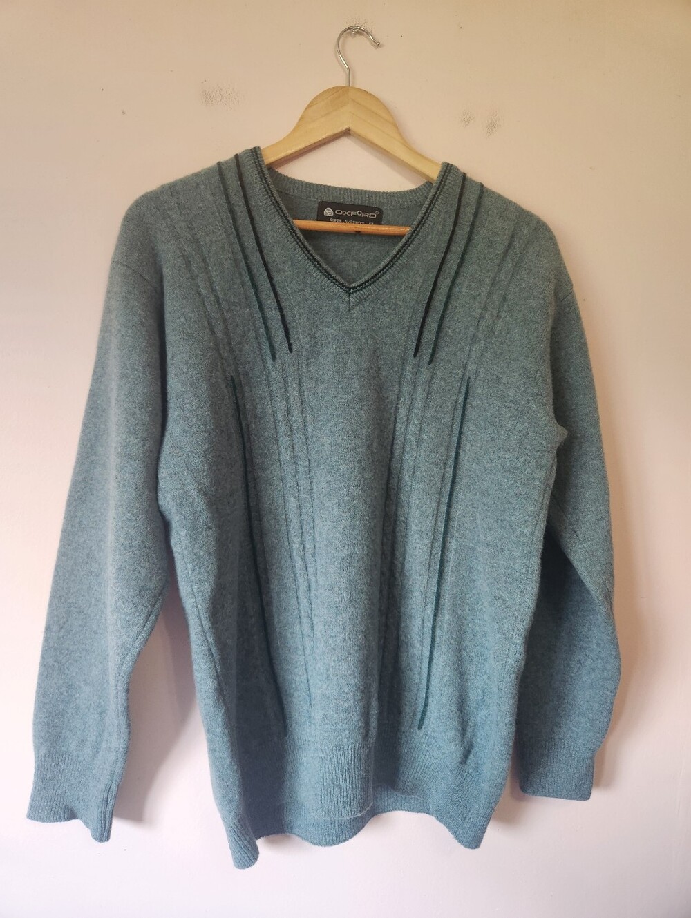 Vintage Oxford 100% Super Lambswool V-Neck Sweater Teal Green Academia Mens 42